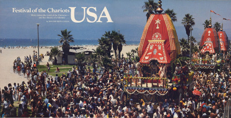 With penants flying in the Pacific breeze, colorful chariots dominate the parade along Venice Beach in Los Angeles.