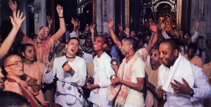 Joyous glorification or the Supreme Lord pervades a genuine temple. At left, to the accompaniment of drums and hand cymbals, devotees of Lord Krsna of various ages and nationalities chant the Hare Krsna mantra and dance during one of the daily services at the ISKCON center in Bombay. A sumptuous feast of vegetarian dishes offered to Krsna is the feature attraction at the Sunday afternoon festival held each week at every ISKCON temple.