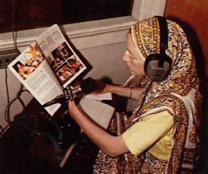 Nanda-patni-devi dasi on the air at KHQN, America's first radio station to broadcast Krsna consciousness full-time .