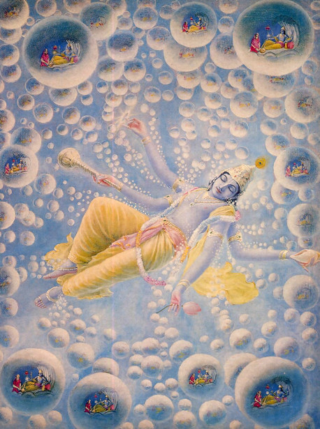 When Lord Maha-Visnu, a plenary expansion of Lord Krsna, exhales, innumerable universes emanate from Him. Within each of these universes Maha-Visnu expands Himself as Garbhodakasayi Visnu and lies down on the water that fills half of each universal shell. We can hardly imagine the greatness of Maha-Visnu since according to Srimad-Bhagavatam the smallest of the universes is four billion miles in diameter.