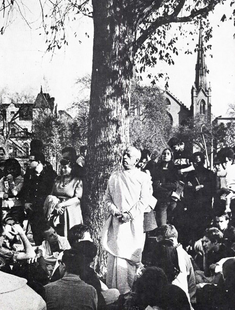 A.C. Bhaktivedanta Swami Prabhupada speaking at a Kirtan in Tompkins Square Park, October 1966, Courtesy EVO.