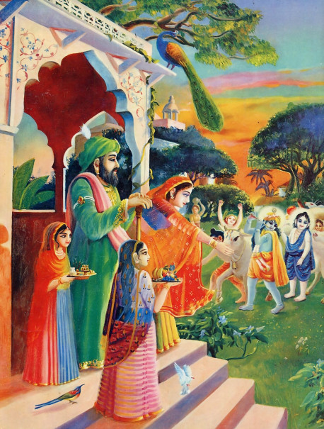 Krsna and His cowherd friends are seen returning at senset after a day of tending the cows, playing, and killing great demons sent by Krsna's enemy Kamsa. Mother Yasoda and Krsna's father are greating him at the door. In the Nectar of Devotion by His Divine Grace A.C. Bhaktivedanta Swami Prabhupada, Nanda, Krsna's father, is quoted as saying, "My dear Yasoda, just look at your offspring Krsna. See his blackish bodily luster, His eyes tinged with red color, His broad chest and He is increasing my transcendental pleasure more and more!"