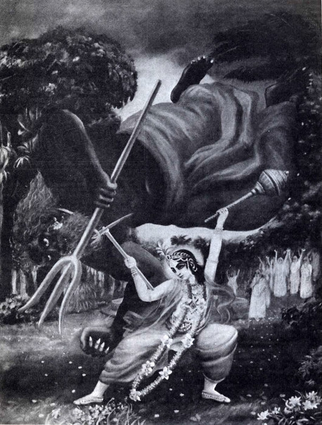 The Liberation of Balvada. Balvada, a powerful and mischievous demon who used to persecute great saints and sages, was killed by Lord Balarama, the elder brother of Lord Krsna, at the request of the sages of Naimisaranya. This is an illustration from Volume Two of Krsna, the Supreme Personality of Godhead, by His Divine Grace A.C. Bhaktivedanta Swami Prabhupada.