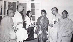 Auspicious gathering: India's Prime Minister, Srimati Indira Gandhi, meets with Srila Prabhupada's international sankirtana disciple and accepts a Back to Godhead magazine.