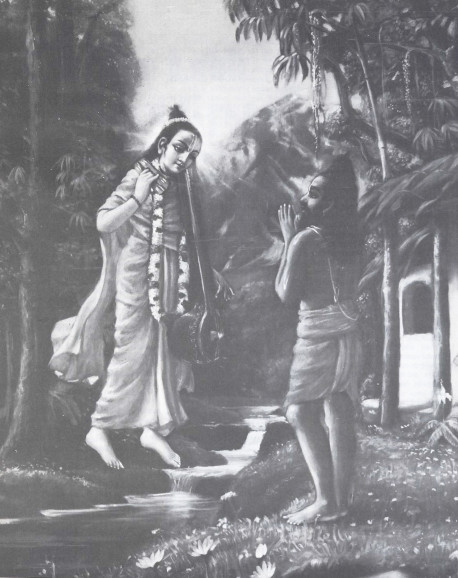 The great sage Narada Muni appearing before his disciple Vyasadeva, the compiler of the Vedas, to offer him enlightenment "...just the mention of the names of these great personalities is enough to bring great pleasure..."