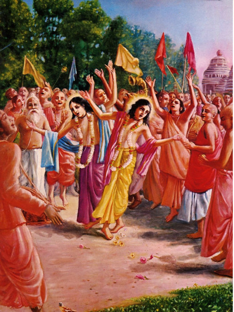 To develop and express love of Godhead, one should adopt the simple method taught by Lord Caitanya Mahaprabhu (center, right) by chanting the holy names of the Lord - Hare Krsna, Hare Krsna, Krsna Krsna, Hare Hare / Hare Rama, Hare Rama, Rama Rama, Hare Hare.