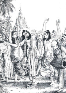 Lord Caitanya Mahaprabhu (center), father of the sankirtana movement, celebrating the chanting of the holy name.