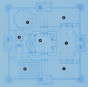 The main floor of the Temple: 1) Lobby 2) Kirtana Hall 3) Altars and Deity rooms 4) Planetarium 5) The Lord Has Form exhibit 6) Vedic Science Hall 7) Exhibition Hall.