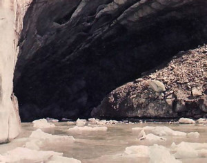 The sacred river bubbles forth from a cave at the glacier's base