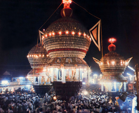 Evening parades are on exciting part of life in Udupi. Devotees of Krsna pull chariots carrying the Deity forms of the Lord along a quadrangular route called Car Street