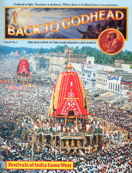Hundreds of thousands of eager pilgrims annually flock to the ancient Ratha-yatra parade in Puri, India. Ratha-yatra and other Indian festivals are now celebrated in the West as a result of the Hare Krsna movement's efforts to unite India's spirirual culture with the West 's technological know-how.