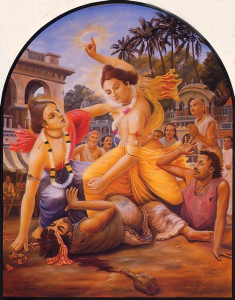 Seeing Lord Caitanya flushed with anger, His disc weapon raised above His head, Lord Nityananda intervened and begged Him not to kill the two debauched brothers.