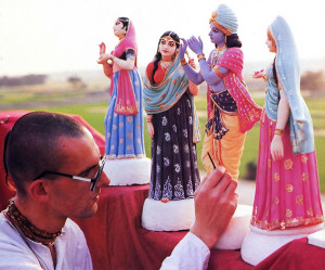 The holy land of Mayapur, with its verdant fields, forms the backdrop for figurines of Lord Krsna and the cowherd girls to receive finishing touches of paint from Anakadundubhi dasa, the art director for the Mayapur Project
