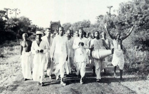 The ISKCON pilgrims perform sankirtana, the congregational chanting of the Hare Krsna mantra, as they travel on the simple country roads in South India, here near Madurai in Tamil Nadu.