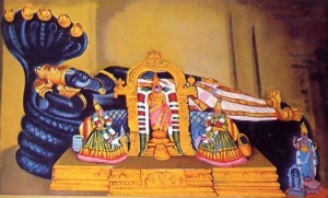 During Lord Caitanya's visit to the South Indian city of Sri Rangam, He was always seen chanting Krsna's holy names and dancing. In the painting at left the Lord enters the main temple to dance in ecstatic love of God before the Deity of Lord Ranganatha.
