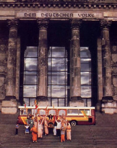 The Spiritual Skyliner, a custom-made mobile temple, makes tours into the city from West Germany; here it's parked at the Reichstag Museum