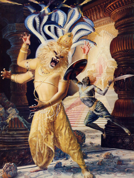 The magnificent prowess of Lord Nrsimha overwhelms the demoniac king Hiranyakasipu. Although the Supreme Lord is not obliged to personally come and fight in hand-to-hand combat to defend His own interests, still He enjoys the sport of a good fight. He is the original person, and all personal attributes originate in Him. Thus chivalry and anger are present in the Supreme Lord's personality, and these qualities are seen as He chastises Hiranyakasipu.