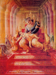 When the saintly child Prahlada proclaimed his desire 10 exclusively worship the Supreme Lord, his atheistic father reacted by violently shoving the boy from his lap. Hiranyakasipu was only interested in gaining power and glory for him self; thus he could not tolerate his son's devotion to God. Out of intense envy, Hiranyakasipu plotted to kill him.
