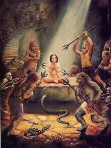 Child abuse of the most severe type. Hiranyakasipu attempted to kill his own son, yet the boy was saved by the will of the Supreme Lord. Although Prahlada was innocent of any wrongdoing, he never became angry or bitter, but simply prayed to Lord Krsna in all circumstances.
