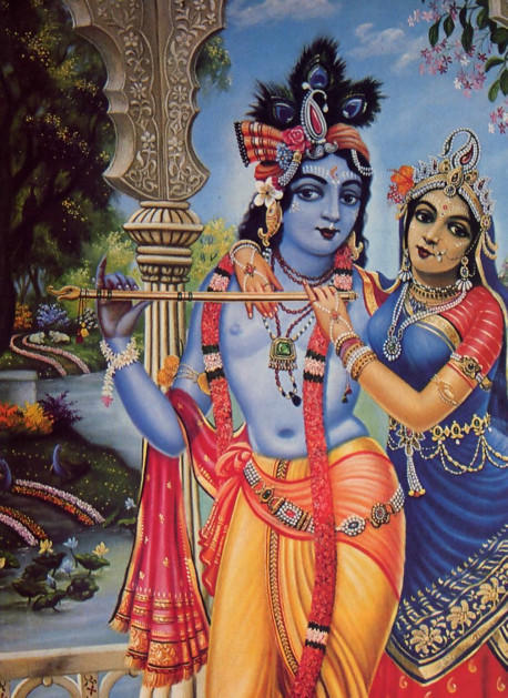 Krsna, the Supreme Personality of Godhead, and Radharani, His eternal consort, enjoy blissful pastimes in Goloka Vrndavana, Their abode in the spiritual world. By rendering devotional service to Radha-Krsna, the devotee becomes purified and ultimately gains entrance into the divine couple's eternal pastimes, which are forever free of any material taint