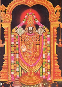 Lord Vyenkatesavara (Balaji), the four-handed Visnu Deity, who receives elaborate worship at Tirumala.