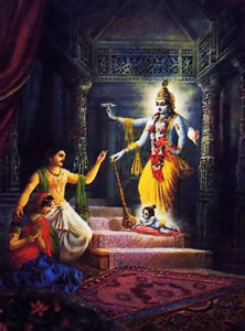 Dispelling the darkness of Kamsa's prison, Krsna appears before Vasudeva and Devaki, first as four-armed Visnu and then as an ordinary child