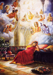 The demigods invisibly enter the palace to offer prayers to Lord Krsna, present within Devaki's womb.
