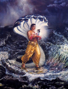 Acting as an umbrella, Ananta Sesa, an expansion of Lord Visnu, shelters Vasudeva and baby Krsna from the rain as they cross the Yamuna River.