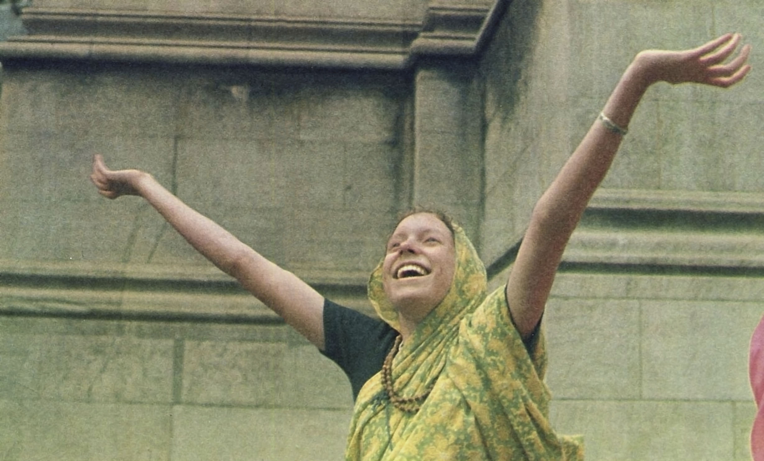 Lady Hare Krishna Devotee In Sari Chanting Hare Krishna With Upraised Hands Back To Godhead