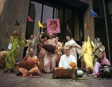 Devotees Chanting Hare Krishna Sit-down Kirtan in public in the USA