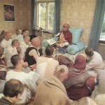 His Divine Grace A.C. Bhaktivedanta Swami Prabhupada delivers the purifying message of Srimad-Bhagavatam to a small group of disciples in the recently opened Krishna consciousness center in Stockholm, Sweden.