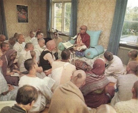 His Divine Grace A.C. Bhaktivedanta Swami Prabhupada delivers the purifying message of Srimad-Bhagavatam to a small group of disciples in the recently opened Krishna consciousness center in Stockholm, Sweden.