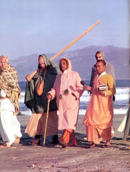 Srila Prabhupada on morning walk 1973 Venice Beach Los Angeles CA