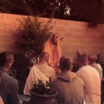 Srila Prabhupada preaching to devotees in his garden at ISKCON New Dvarka (Los Angeles) 1974.