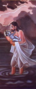 Vasudeva carries his son Krishna across the river Yamuna