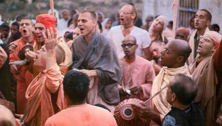 ISKCON Hare Krishna Devotees performing sankirtan (congregational chanting) in India. 1974.