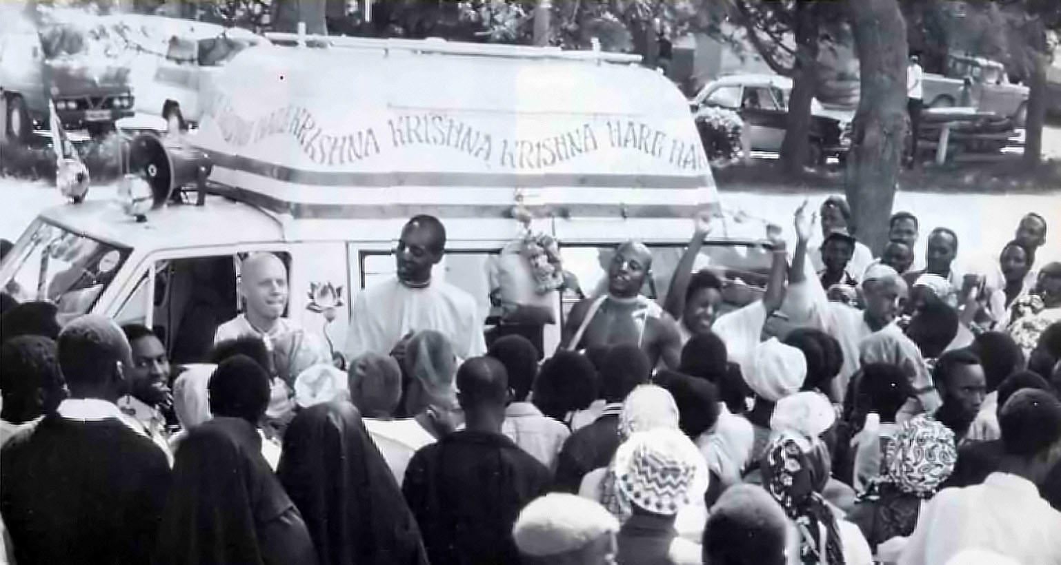 Srila Prabhupada’s preachers broadcast the Hare Krishna mantra in Nairobi, Kenya. 1974