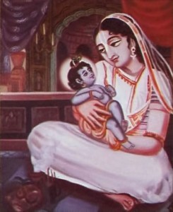 Mother Yasoda with baby Krishna in her lap.