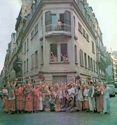 Devotees and Srila Prabhupada at ISKCON Hare Krishna Temple Paris, 1974.