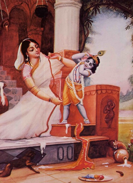 Lord Krishna's Damodara Pastime -- Mother Yasoda ties Krishna to a grinding morter with ropes