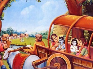 Krishna and Balaram Riding on a cart.