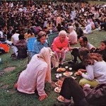 ISKCON devotees distribute prasadam San Francisco's annual Rathayatra Festival 1973.