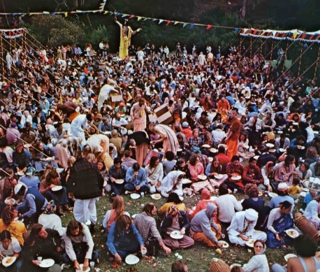 Prasadam distribution at San Francisco Rathayatra festival, 1973.