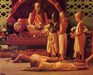 Honoring a saintly person. Gurukula children take pleasure in offering flowers and respect to Srlla Prabhupada during one of his visits to the school. 1975.