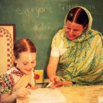 Ideal teacher, ideal student. The teachers at Gurukula teach by example as well as precept. ISKCON Gurukul Dallas Texas 1975.