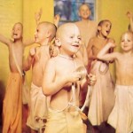 Chanting Hare Krishna is blissful! Shining with spiritual happiness, Gurukula children spontaneously chant the holy names of God. 1975