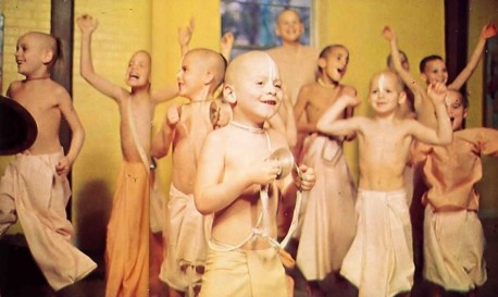 Chanting Hare Krishna is blissful! Shining with spiritual happiness, Gurukula children spontaneously chant the holy names of God. 1975