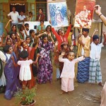 Gargamuni Svami leads Bombay Gurukula students in chanting Hare Krishna and dancing. 1975.