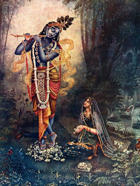 Radharani making a garland for Krishna