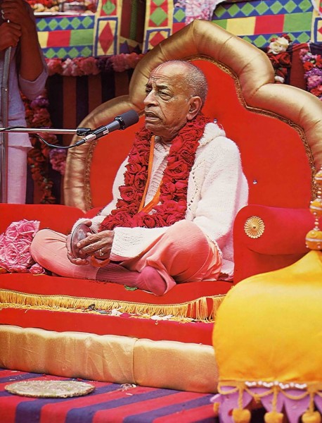 His Divine Grace A.C. Bhaktivedanta Swami Prabhupada 1975. On Red Vyassasana.